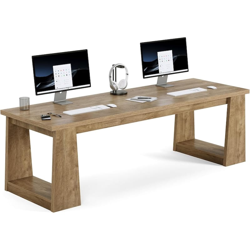 86.6" Large Two Person Office Desk Computer Desk, Double Desks for 2 People, Wood Writing Table, Home Office Workstation - Brown