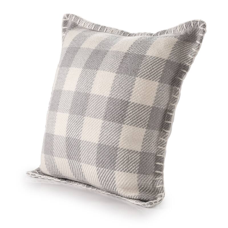 Sevita Hand-Woven Light Gray/Ivory Plaid Polyester Indoor/Outdoor Throw Pillow