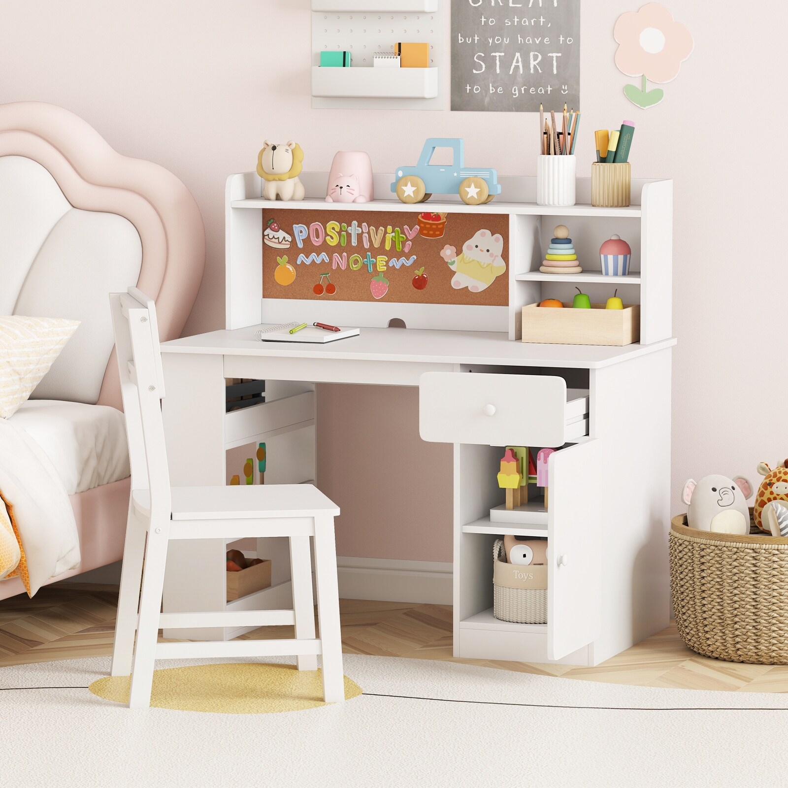 Gymax Kids Desk & Chair Set w/Chair Hutch 3-Layer Side Shelf