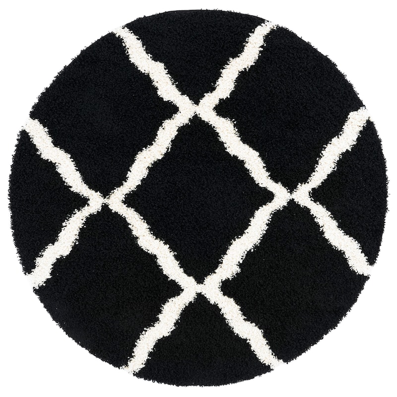 SAFAVIEH Dallas Shag Darina Trellis 1.5-inch Thick Rug - 6' Round - Black/Ivory