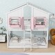preview thumbnail 2 of 11, Pink+White Twin Wood House Bunk Bed with Roof & Safety Guardrails