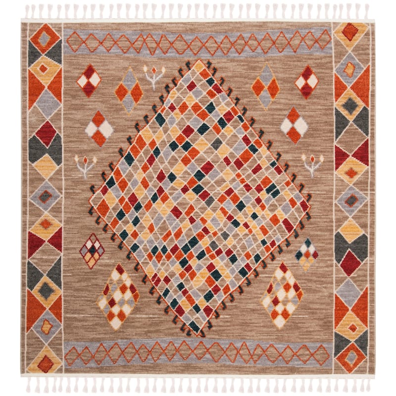 SAFAVIEH Farmhouse Delja Boho Tribal Polyester Rug - 6'3" Square - Taupe/Navy