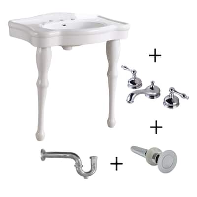 Console Sink Simple Elegance Spindle Leg With 8" Widespread Faucet Lever Handle and P Trap
