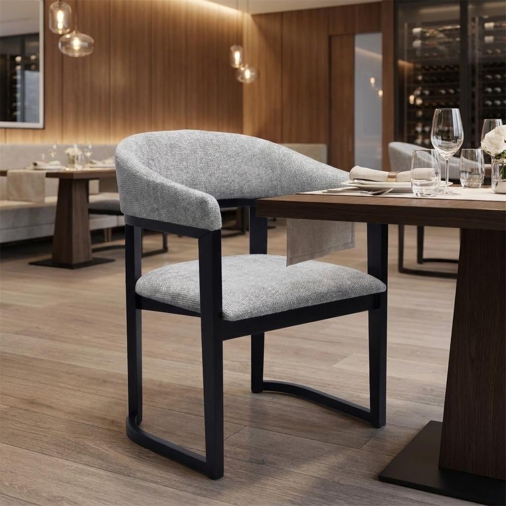 HomeRoots Gray And Black Faux Linen And Solid Wood Open Back Dining Arm Chair - 24.60 in. x 32.10 in. x 22.80 in.