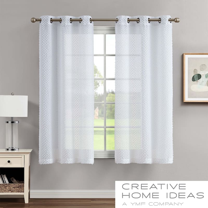 Creative Home Ideas Mia Embellished Sheer Grommet Window Curtain Panel Pair with Tiebacks, - 76 x 63 - White