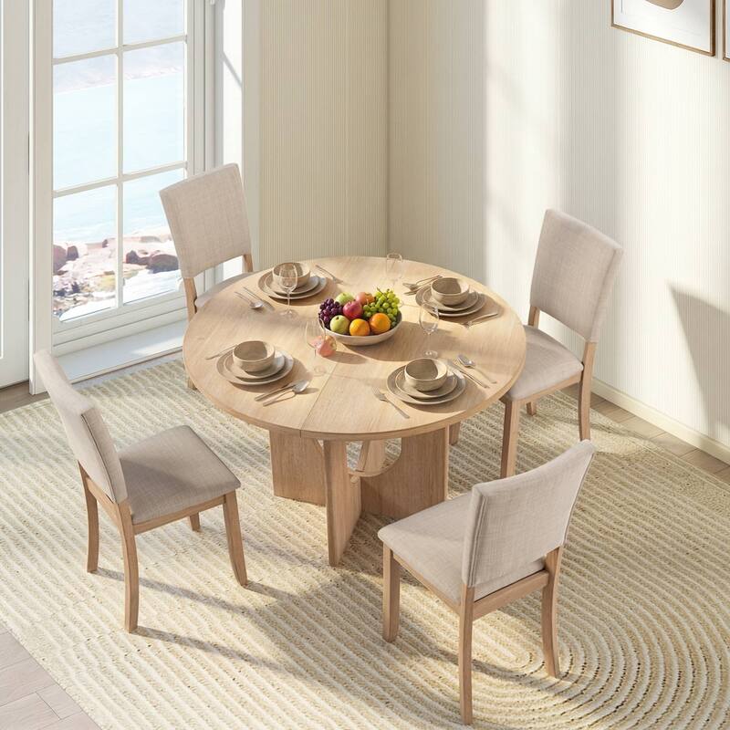 Rossetta 5-Piece Contemporary Transitional Style Dining Set with X-Crossed Base Round Table and 4 Upholstered Fabric Chairs - Natural