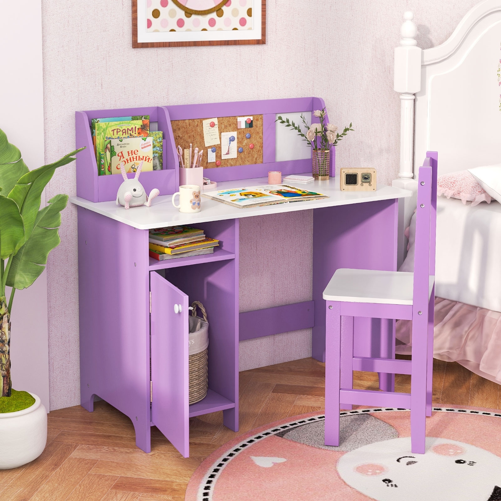 Kids Table and Chair Set for Arts Crafts Homework Home School 35.5 x 17.5 x 33.5 L x W x H Purple and White