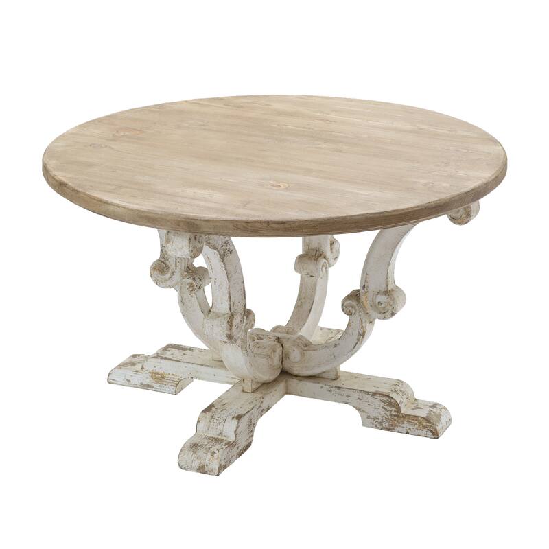 Round Wooden Coffee Table with Distressed White Finish and Scrollwork Legs