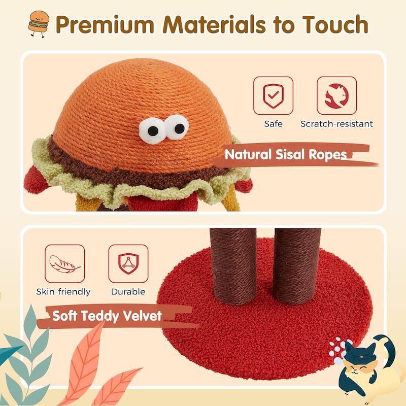 EROMMY Hamburger Cat Scratching Post with Dual Natural Sisal Posts, Cute Durable Cat Scratcher for Indoor Cats and Kittens