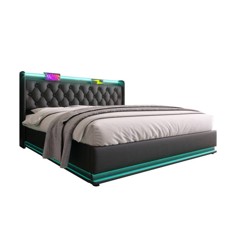 Metal Frame Storage Bed LED PU Upholstered Platform Bed, Queen