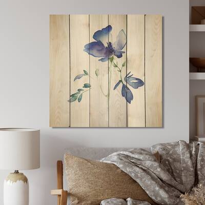 Designart 'Blossoming Blue Retro Flower VI' Floral Wood Wall Art - Natural Pine Wood
