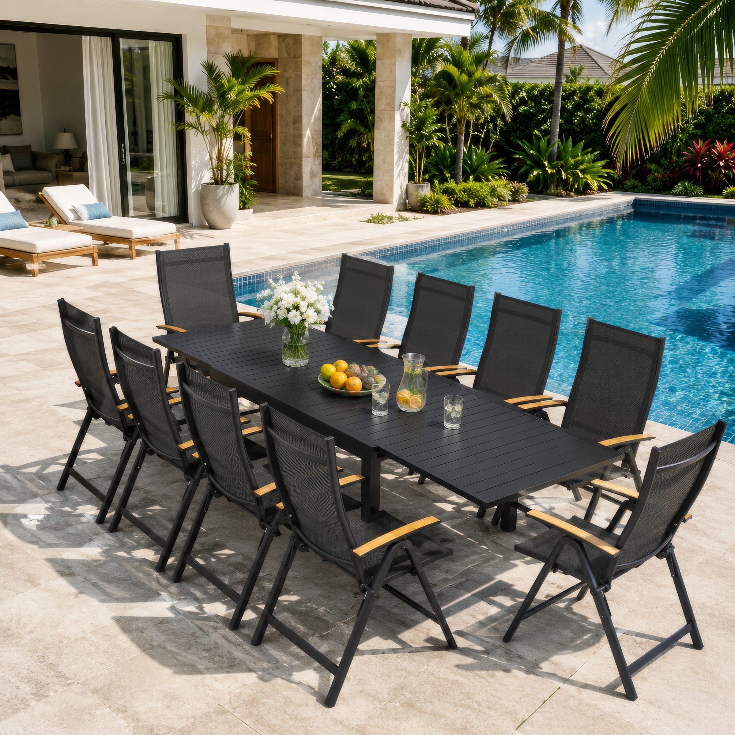 5/7/9/11-Piece Outdoor Patio Aluminum Expandable Rectangle Dining Table with Folding Chairs Set