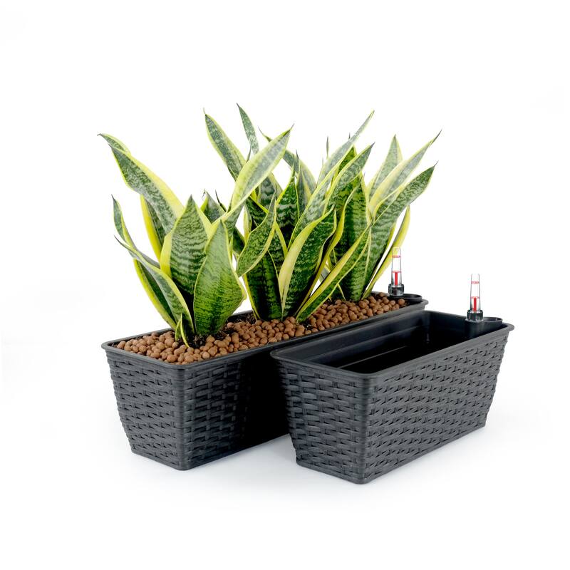 GDFStudio - Farmhouse 2-Piece Indoor/Outdoor Wicker Smart Self-Watering Rectangular Planter Pots with Water Level Indicator - Espresso