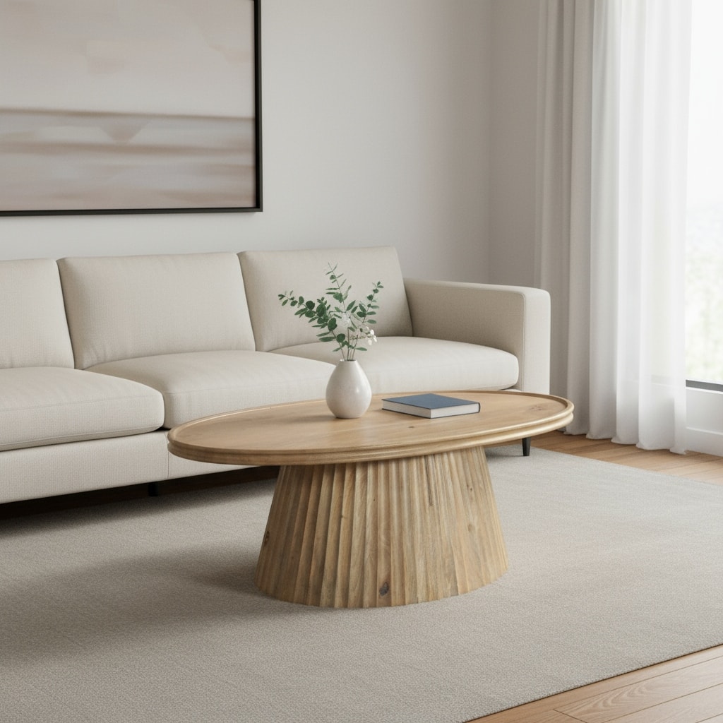 HomeRoots 48" Light Brown Solid Wood Oval Pedestal Coffee Table - 48.00 in. x 18.00 in. x 30.00 in.