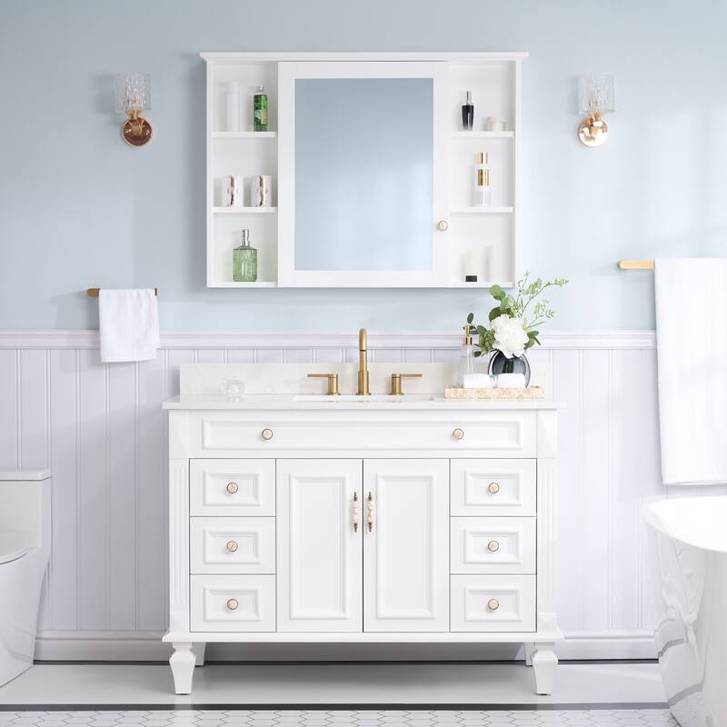 35'' H X48''W Solid Wood Bath Vanity with Stain-resistant Carrera White Quartz Top and Single Sink - White