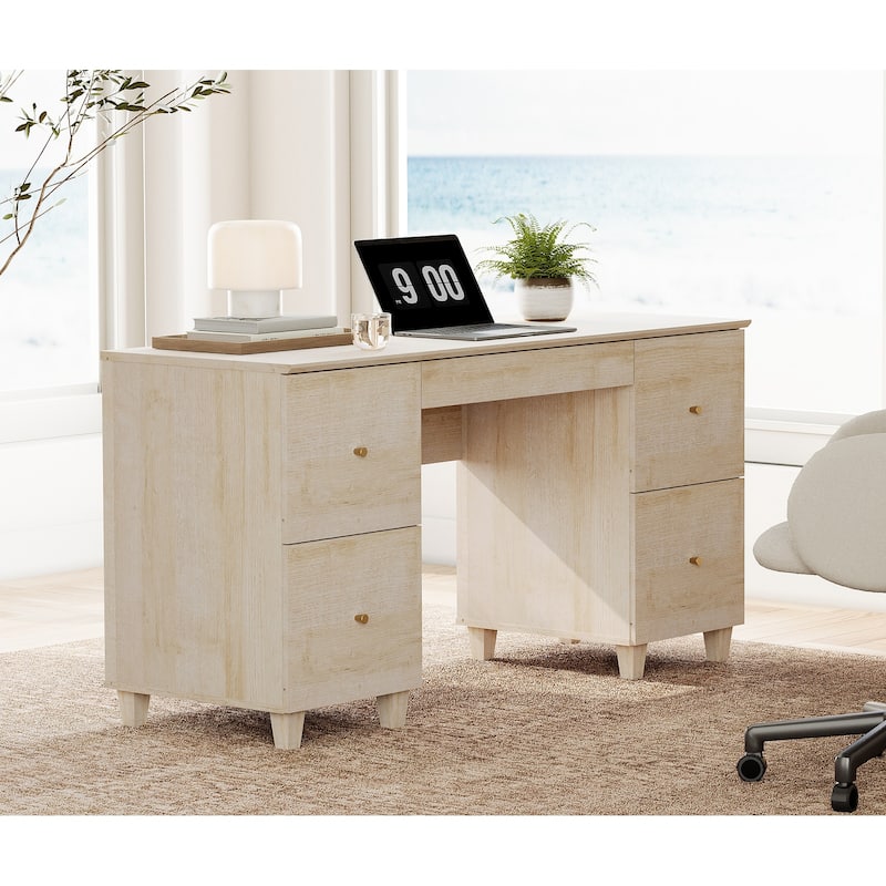 WAMPAT Executive Desk with 5 Drawers, 58 Inch Wide for Home Office - Light Oak