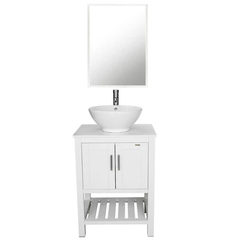 24" Bathroom Vanity Set Ceramic/ Tempered Glass Vessel Sink White Cabinet Combo Mirror Faucet Free-standing - white ceramic round sink