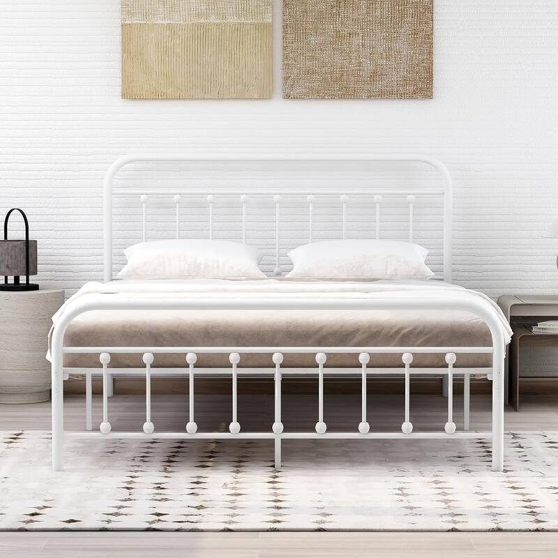 NNV Platform Metal Bed Frame with Victorian Style Iron-Art Headboard - White - Queen