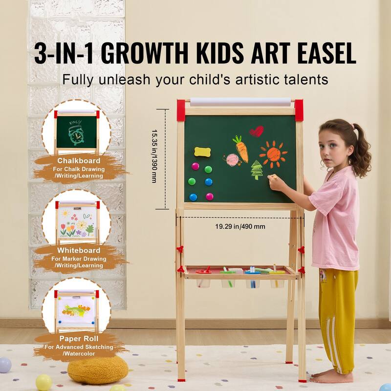 3-in-1 Kids Art Easel Double-Sided Wooden Magnetic Whiteboard Chalkboard - Multi
