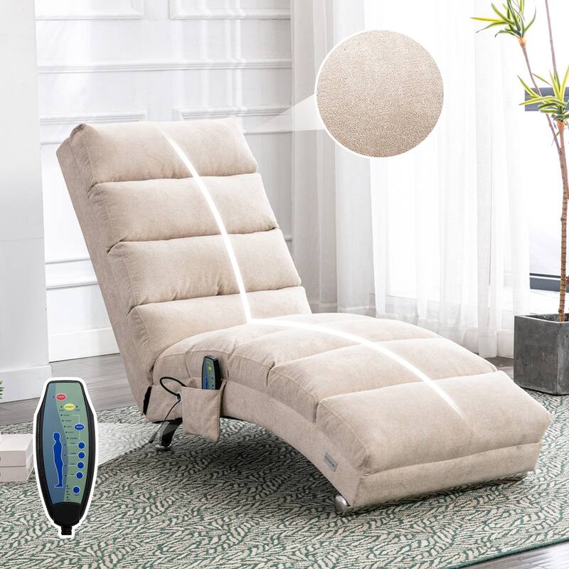Anmytek Modern Chaise Lounge Chair with Vibration Massage Upholstered Fabric Accent Chair for Living Room - Beige