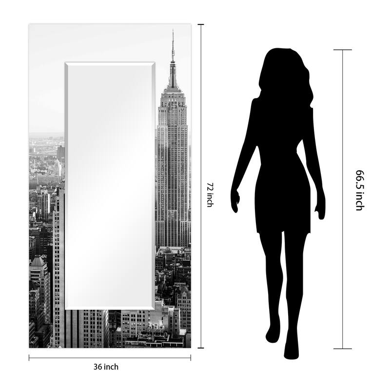 "My N.Y." Rectangular Beveled Wall Mirror on Free Floating Tempered Glass - Clear - 72 x 36