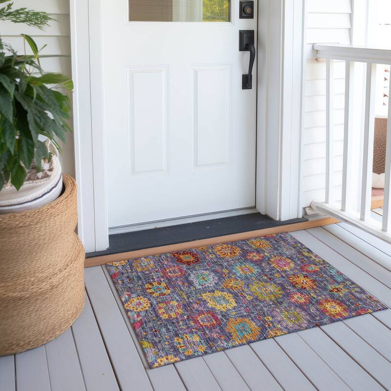 Machine Washable Indoor/ Outdoor Traditional Kashan Chantille Rug - Purple - 1'8" x 2'6"