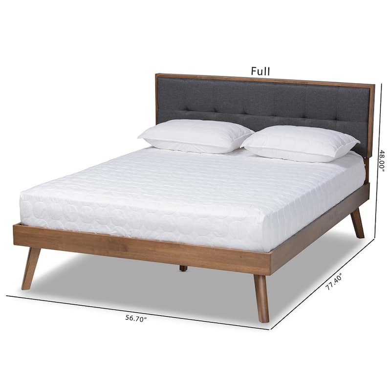Alke Mid-Century Modern Fabric Upholstered Walnut Brown Finished Wood Platform Bed