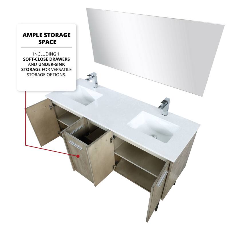 Lancy 60 in W x 20 in D Rustic Acacia Double Bath Vanity, White Quartz Top and 55 in Mirror