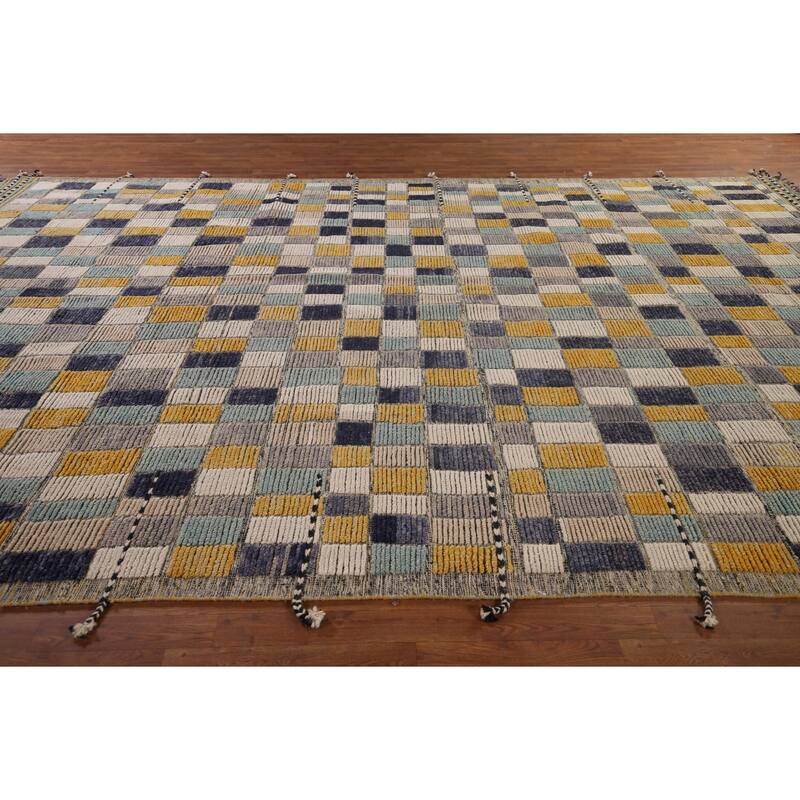 All-Over Checkered Moroccan Large Modern Area Rug Handmade Wool Carpet - 9'9"x 15'1"