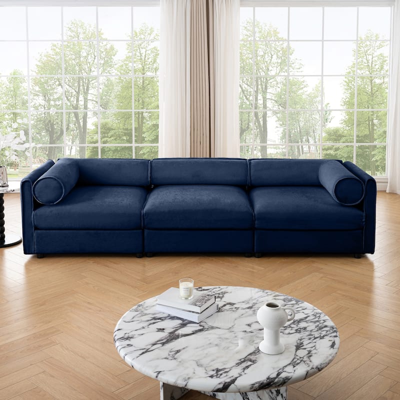 Modern 3 Deep Seat Modular Sofa with Storage, Cylindrical Backrest & Armrests - Blue
