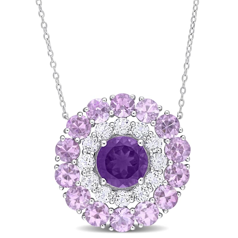Miadora Amethyst African Amethyst and White Topaz Double Halo Necklace in Sterling Silver