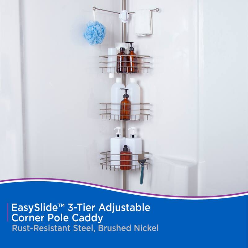 Kenney 3-Tier Spring Tension EasySlide Adjustable Shower Corner Pole Caddy - Brushed Nickel