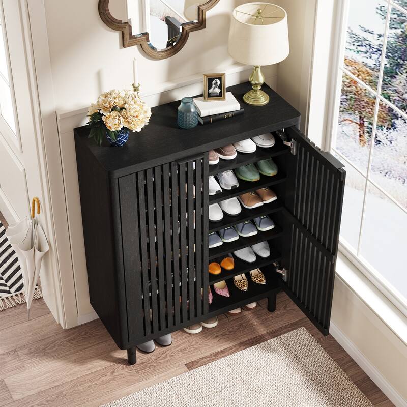Wooden Shoe Cabinet with Shutter Doors, Adjustable Shelves Large Hidden Storage Organizer Rack for Entryway Hallway