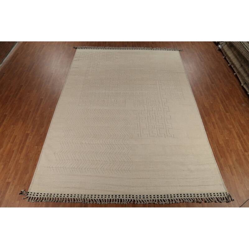 All-Over Ivory Moroccan Oriental Large Rug Hand-Knotted Wool Carpet - 10'5"x 14'9"