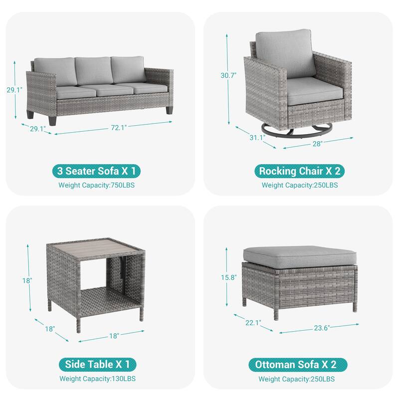 BONOSUKI 6Pcs Patio Swivel Rocking Sofa Set Brown Rattan w/Side Table