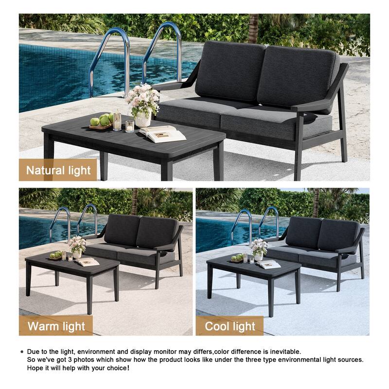 2-piece Brown/ Black Teak Cushioned Patio Loveseat Set with Coffee Table