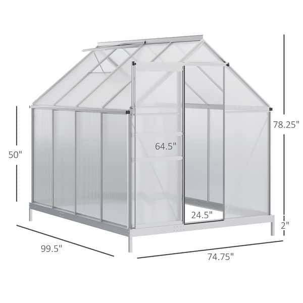 dimension image slide 3 of 2, Outsunny Aluminum Greenhouse Polycarbonate Walk-in Garden Greenhouse Kit with Adjustable Roof Vent, Rain Gutter and Sliding Door