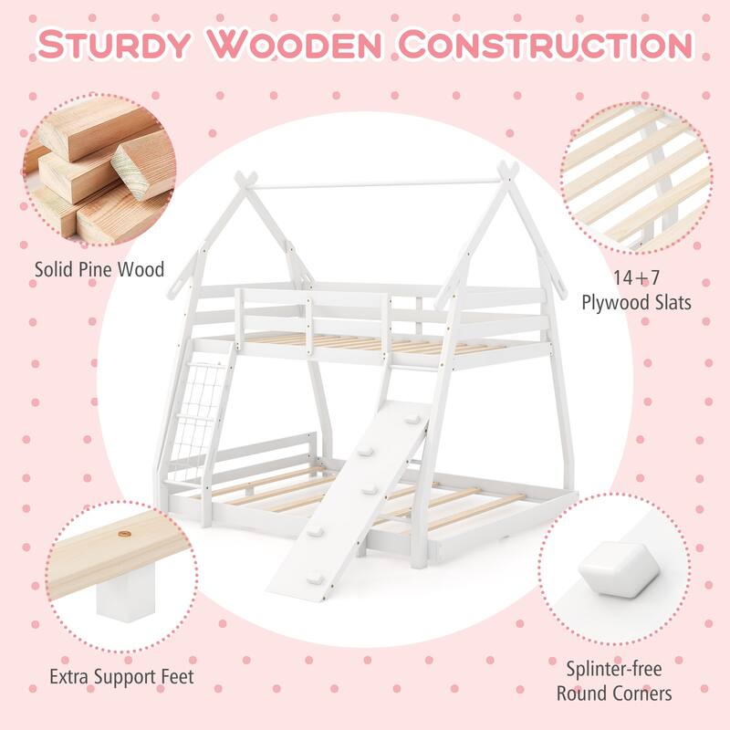 Twin Over Queen Bunk Bed Wooden Kids Bed with Climbing Nets and Ramp