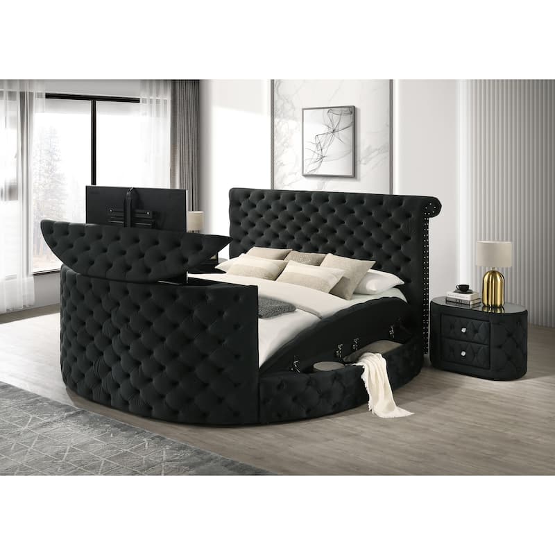 1pc Oval Nightstand Plush Tufted Upholstery Tempered Glass Top Rounded Sides Two Storage Drawers Sparkling Knobs Wooden