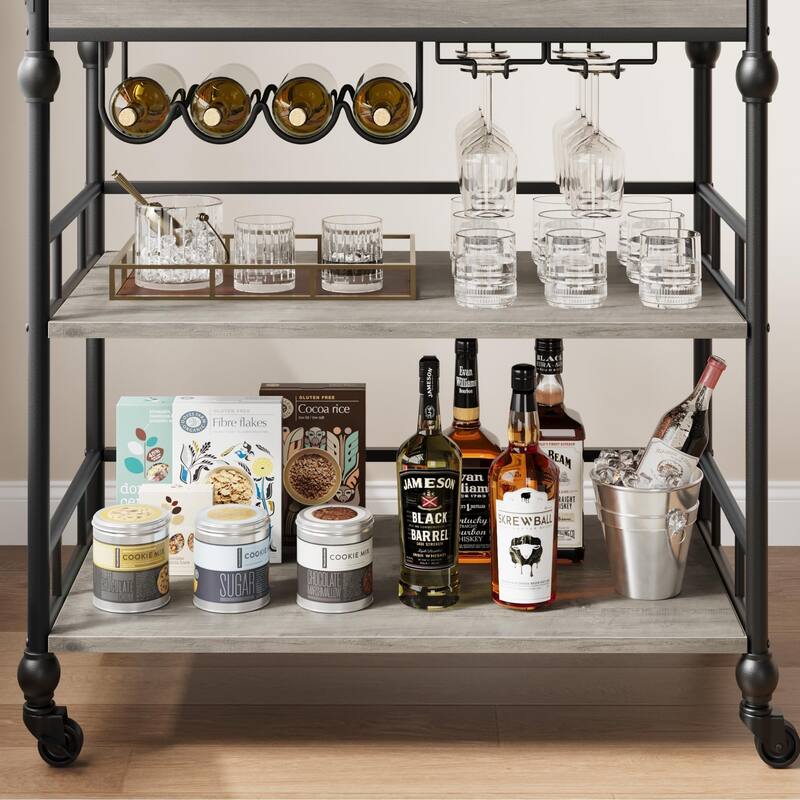 Farmhouse 3 Tier Bar Cart with Removable Tray for Kitchen - 15.7"D x 35.4"W x 34.1"H