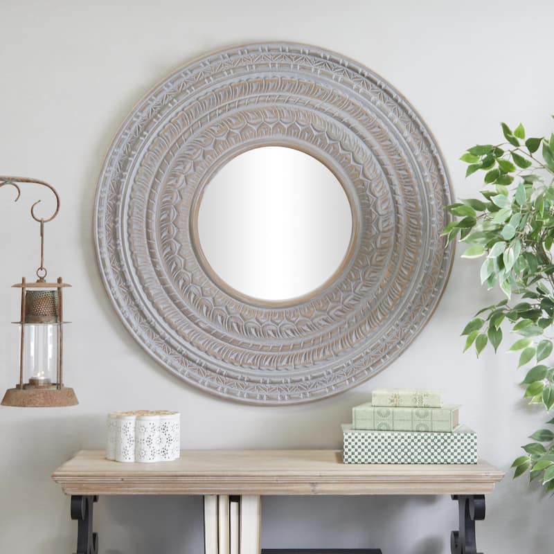 Wood Tribal Carved Wall Mirror - Gray - Roche River Decor
