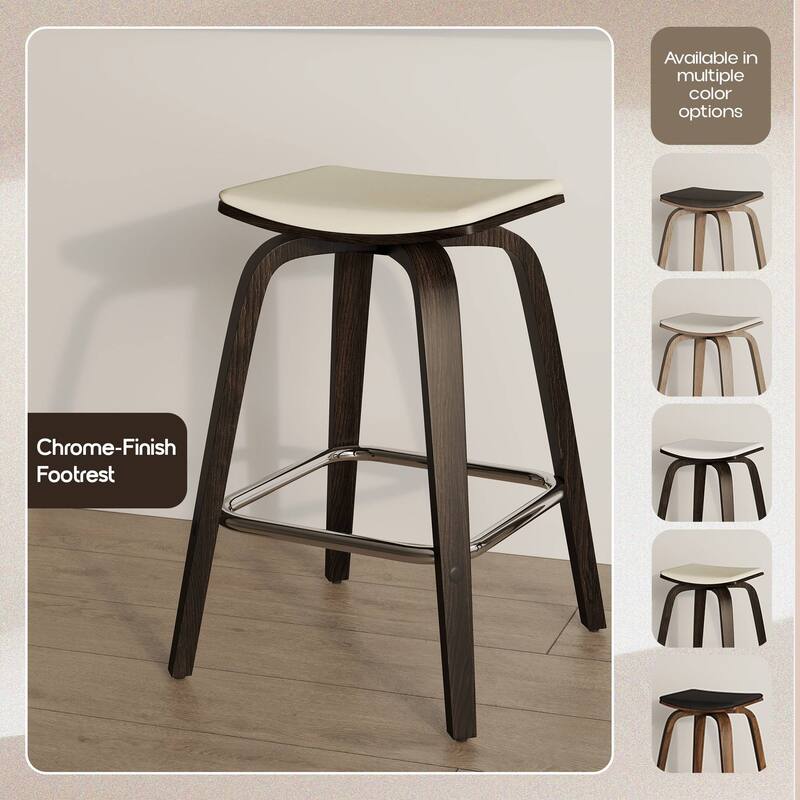 Leather Counter Stool Swivel Square Seat Poplar Wood Frame Iron Foot Rest