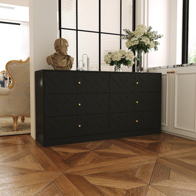 Large 6 Drawer Dresser Wooden Chest of Drawers with Gold Metal Handles