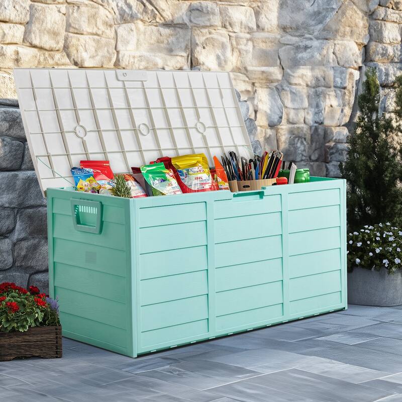 Green Polypropylene Resin Garden Storage Box 280L with Wheels - 44” W x 21.3” H x 19.3” D