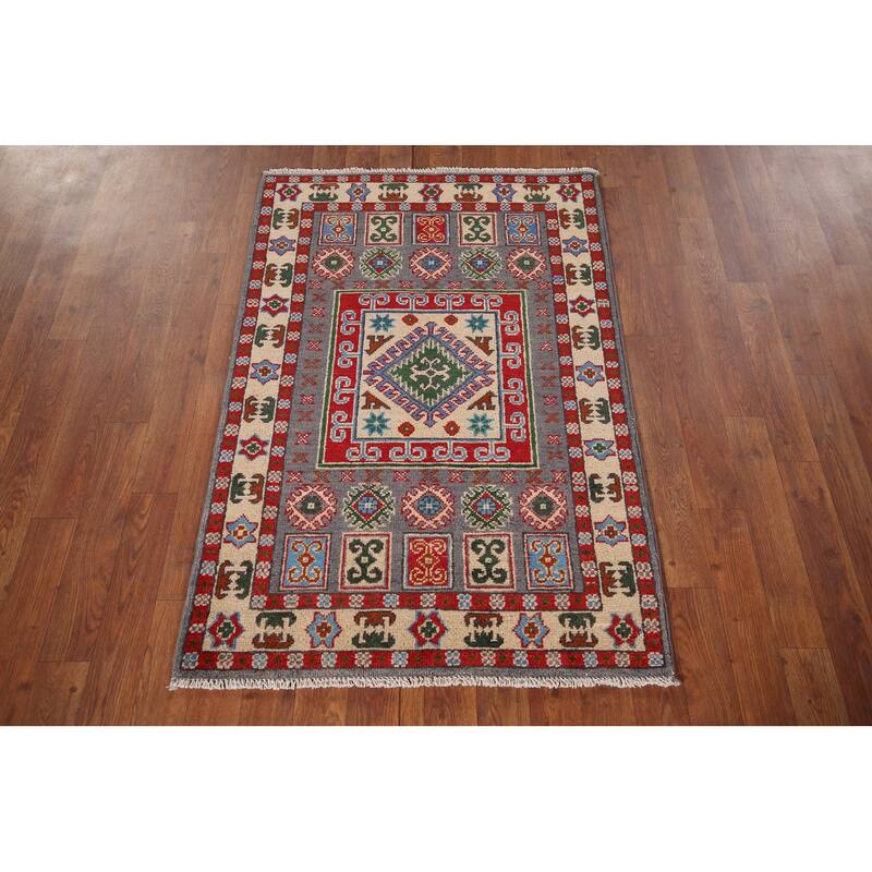 Geometric Grey Kazak Foyer Rug Hand-Knotted Wool Carpet - 2'8" x 3'11"