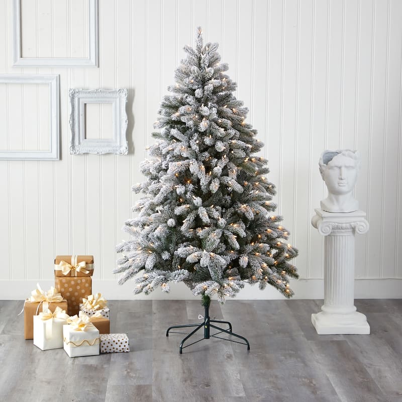 6ft Flocked Christmas Tree - Slim Pencil Artificial Tree with 450 Lights & Metal Stand - Green - 72