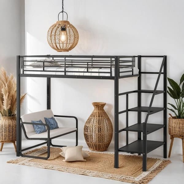 slide 2 of 16, Industrial Modern Twin Size Metal Loft Bed with Bench and Storage Staircase, Sturdy Construction & Safety Guaranteed, Black Black