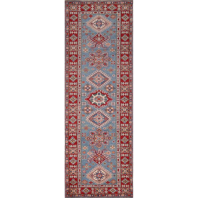 Blue Geometric Kazak Oriental Runner Rug Handmade Wool Carpet - 2'8" x 9'9"