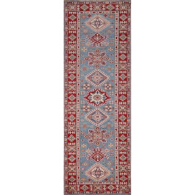 Blue Geometric Kazak Oriental Runner Rug Handmade Wool Carpet - 2'8" x 9'9"