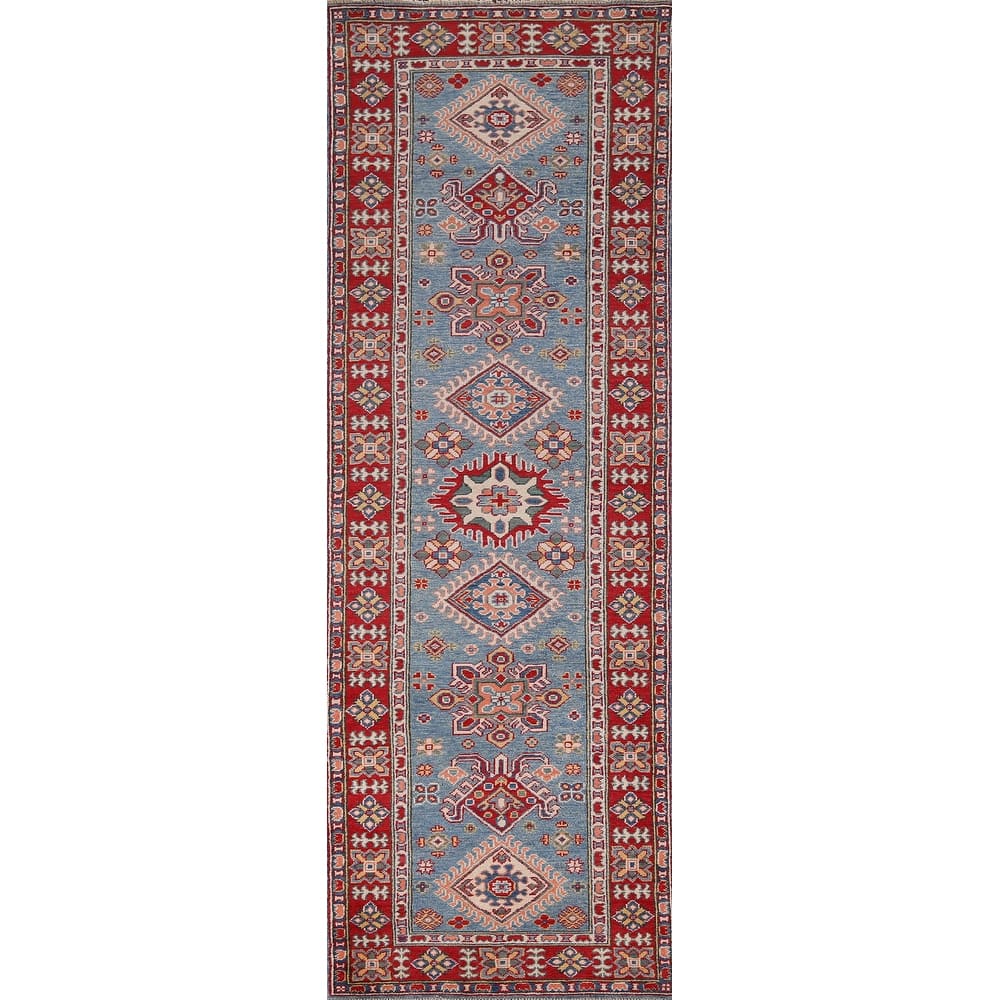 Blue Geometric Kazak Oriental Runner Rug Handmade Wool Carpet - 2'8" x 9'9"